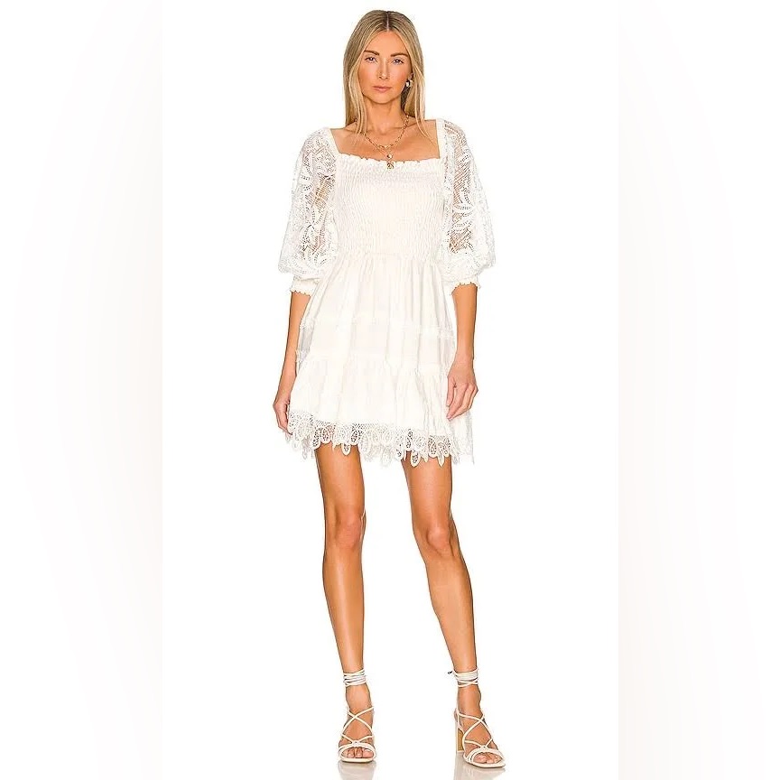 Waimari Ancora Off-The-Shoulder Floral Lace Trim Mini Dress Size Small In White